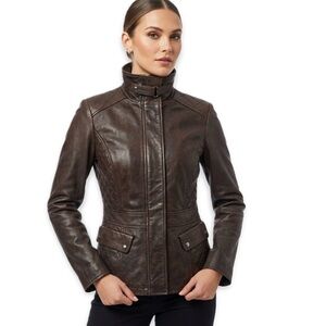 Andrew Marc Brown Leather Quilted Moto Jacket Size Medium